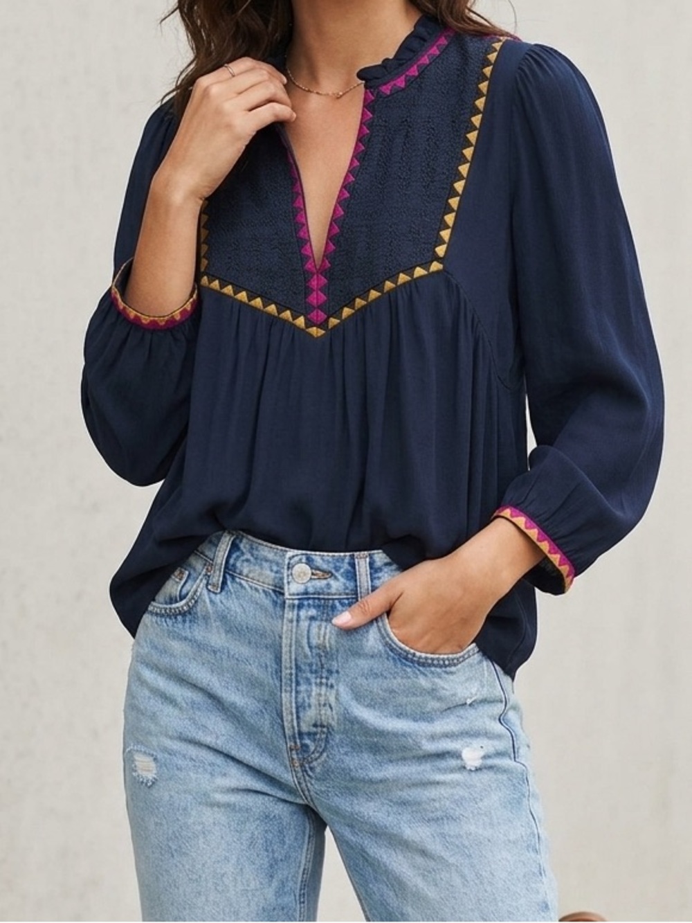 ba&sh Navy Embroidered Blouse